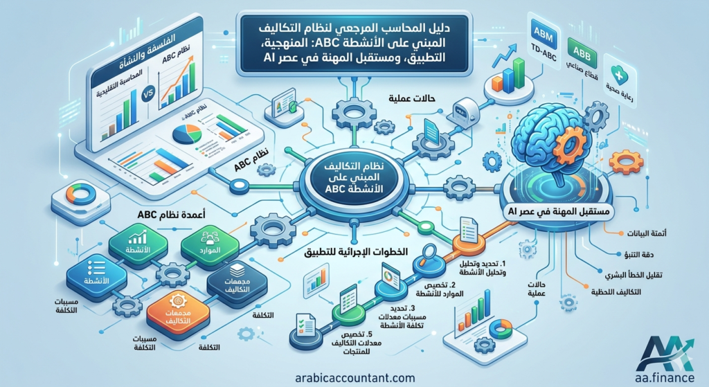 تصميم ثلاثي الأبعاد شامل (انفوجرافيك) يوضح نظام محاسبة التكاليف المبني على الأنشطة (ABC). يربط التصميم بين المفاهيم المحاسبية التقليدية وبين دمج الذكاء الاصطناعي في المهنة. يحتوي على أقسام توضيحية للأعمدة الأربعة (الأنشطة، الموارد، مجمعات التكاليف، ومسببات التكلفة)، والخطوات الإجرائية للتطبيق، ومقارنة مع المحاسبة التقليدية، وحالات عملية، وأفضل البرمجيات. يتضمن شعار "arabicaccountant.com" و "aa.finance" نظام تكاليف الأنشطة ABC دراسة تحليلية شاملة نظام تكاليف الأنشطة ABC دراسة تحليلية شاملة