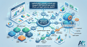 تصميم ثلاثي الأبعاد شامل (انفوجرافيك) يوضح نظام محاسبة التكاليف المبني على الأنشطة (ABC). يربط التصميم بين المفاهيم المحاسبية التقليدية وبين دمج الذكاء الاصطناعي في المهنة. يحتوي على أقسام توضيحية للأعمدة الأربعة (الأنشطة، الموارد، مجمعات التكاليف، ومسببات التكلفة)، والخطوات الإجرائية للتطبيق، ومقارنة مع المحاسبة التقليدية، وحالات عملية، وأفضل البرمجيات. يتضمن شعار "arabicaccountant.com" و "aa.finance" نظام تكاليف الأنشطة ABC دراسة تحليلية شاملة نظام تكاليف الأنشطة ABC دراسة تحليلية شاملة