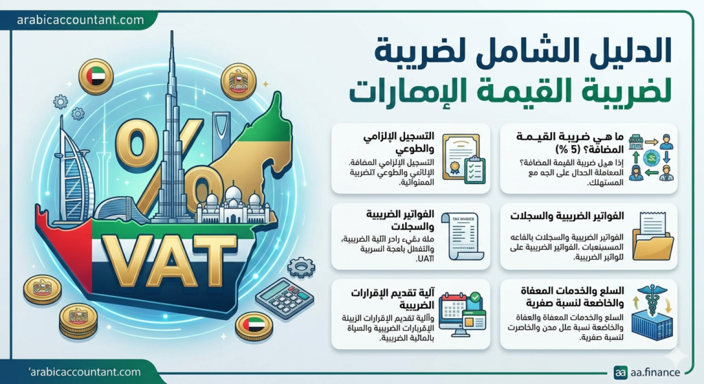 رسم بياني شامل يوضح كل ما تريد معرفته عن ضريبة القيمة المضافة (VAT) في دولة الإمارات العربية المتحدة. يتضمن الرسم معلومات حول: ما هي ضريبة القيمة المضافة ونسبة الـ 5٪. حد التسجيل الإلزامي (375,000 درهم) والتسجيل الطوعي. آلية احتساب ودفع الضريبة. السلع والخدمات المعفاة من الضريبة (مثل الرعاية الصحية والتعليم الأساسي). السلع والخدمات الخاضعة لنسبة صفرية (مثل التصدير وبعض الأدوية). الغرامات والعقوبات المترتبة على مخالفة قانون الضريبة. نصائح للشركات للتعامل مع الضريبة بشكل صحيح. كما يظهر في الرسم البياني شعار موقع arabicaccountant.com وسمة الموقع aa.finance