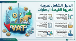 رسم بياني شامل يوضح كل ما تريد معرفته عن ضريبة القيمة المضافة (VAT) في دولة الإمارات العربية المتحدة. يتضمن الرسم معلومات حول: ما هي ضريبة القيمة المضافة ونسبة الـ 5٪. حد التسجيل الإلزامي (375,000 درهم) والتسجيل الطوعي. آلية احتساب ودفع الضريبة. السلع والخدمات المعفاة من الضريبة (مثل الرعاية الصحية والتعليم الأساسي). السلع والخدمات الخاضعة لنسبة صفرية (مثل التصدير وبعض الأدوية). الغرامات والعقوبات المترتبة على مخالفة قانون الضريبة. نصائح للشركات للتعامل مع الضريبة بشكل صحيح. كما يظهر في الرسم البياني شعار موقع arabicaccountant.com وسمة الموقع aa.finance