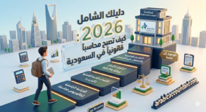 رسم توضيحي ثلاثي الأبعاد يعرض الخطوات ليصبح محاسباً قانونياً معتمداً في المملكة العربية السعودية. يظهر رجل أعمال شاب صاعدًا سلسلة من الدرجات ذات الصلة، مع معالم مثل "الجامعة (بكالوريوس محاسبة)" و "اجتياز اختبار زمالة SOCPA" و "التقديم للعضوية والحصول على ترخيص". توجد في الخلفية أفق مدينة الرياض ومركز SOCPA.