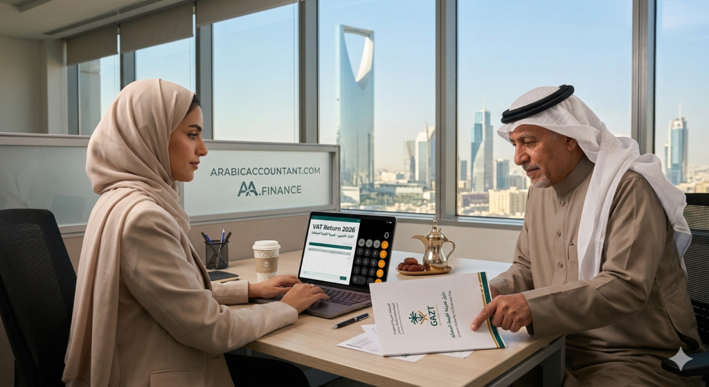 مُحاسبة ومستثمر سعودي في مكتب في الرياض يناقشان إقرار ضريبة القيمة المضافة لعام 2026 ضريبة القيمة المضافة في السعودية
