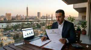 رجل أعمال يقرأ وثيقة حكومية مصرية على شرفة تطل على القاهرة عند غروب الشمس. (يجب أن يصف النص البديل الصورة للأشخاص الذين لا يستطيعون رؤيتها، لذا يجب أن يكون موجزًا ​​ووصفياً.)