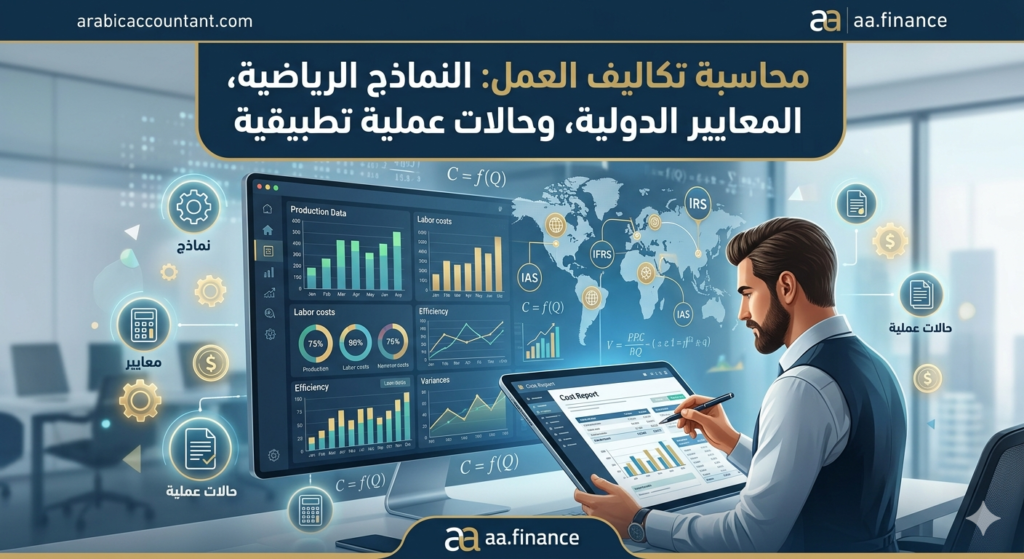 محاسب يقوم بتحليل بيانات محاسبة تكاليف العمل باستخدام برامج متخصصة ومعايير دولية
