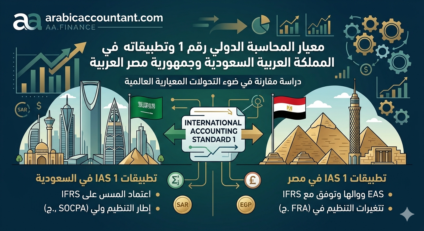 صورة توضيحية لتقرير مقارن: تُظهر هذه الصورة مقارنة شاملة بين تطبيق معيار المحاسبة الدولي رقم 1 في كل من المملكة العربية السعودية وجمهورية مصر العربية. رسم بياني لعرض مالي: يعرض الرسم البياني البيانات المالية الرئيسية لكلتا الدولتين، بما في ذلك الأرباح والخسائر والتدفقات النقدية والميزانية العمومية. تحليل مالي مقارن: تقدم الصورة تحليلاً مالياً مفصلاً للفروق والتشابهات في الأداء المالي والالتزام بالمعايير الدولية في السعودية ومصر.