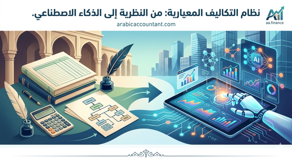 تصميم يوضح التطور في المحاسبة من الدفاتر اليدوية والآلات الحاسبة القديمة إلى استخدام الأجهزة اللوحية والذكاء الاصطناعي (AI) والتحليلات البيانية.